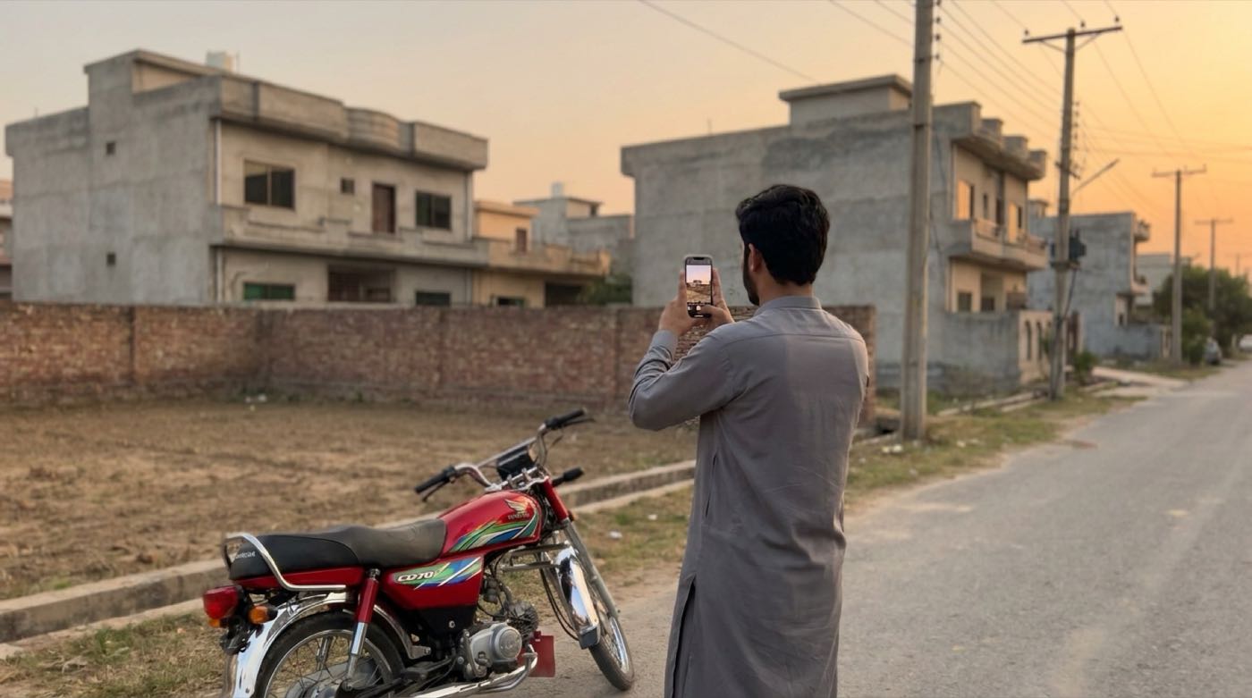 An inspector photographs a walled plot on a quiet residential street